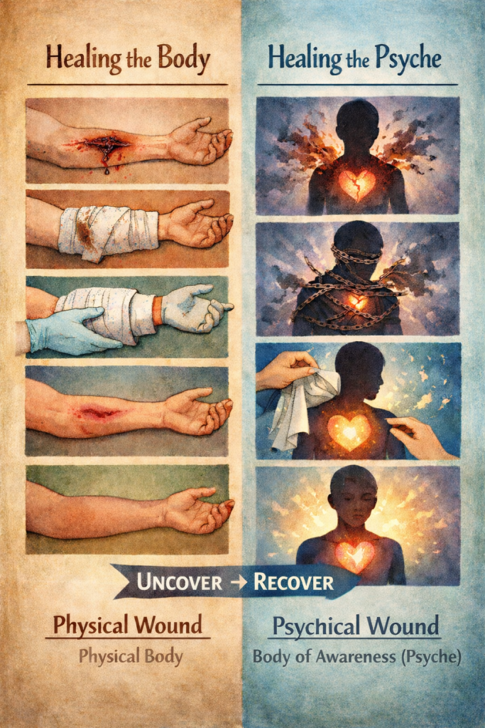Illustration showing parallel healing processes of the physical body and the psyche, demonstrating the shared principle of uncovering and recovering wounds over time until healing occurs naturally.